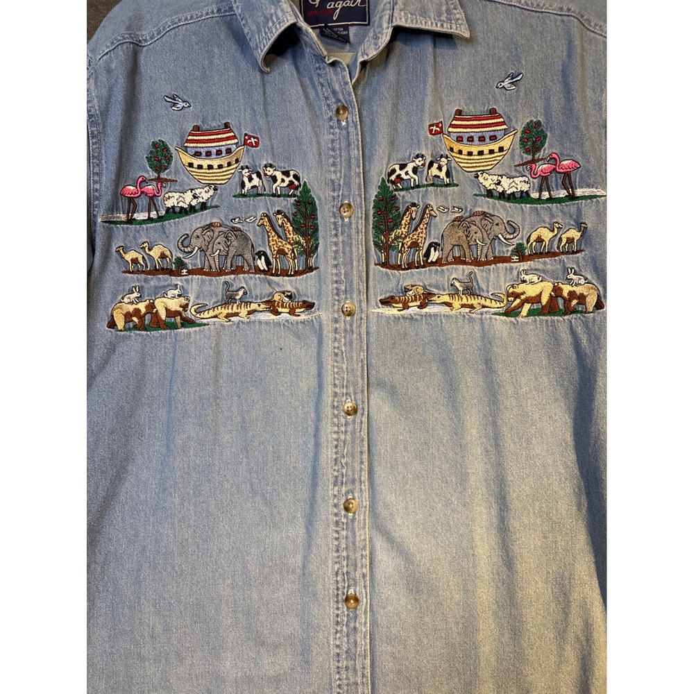 Vintage Quizz Again Noahs Ark Embroidered Denim Shirt Womens Medium Light Wash - Picture 2 of 4